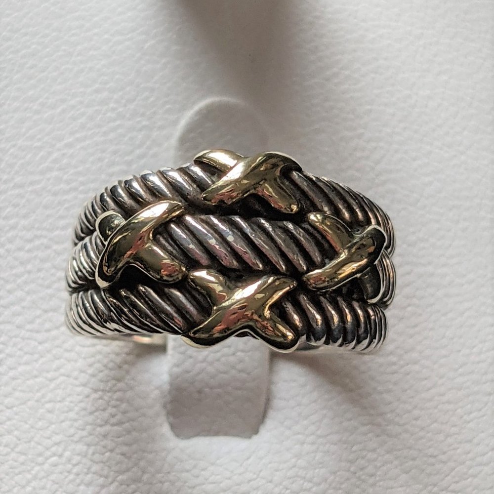 David Yurman Sterling Silver 14k Gold Triple Row 4 X Cable Ring size 7.5